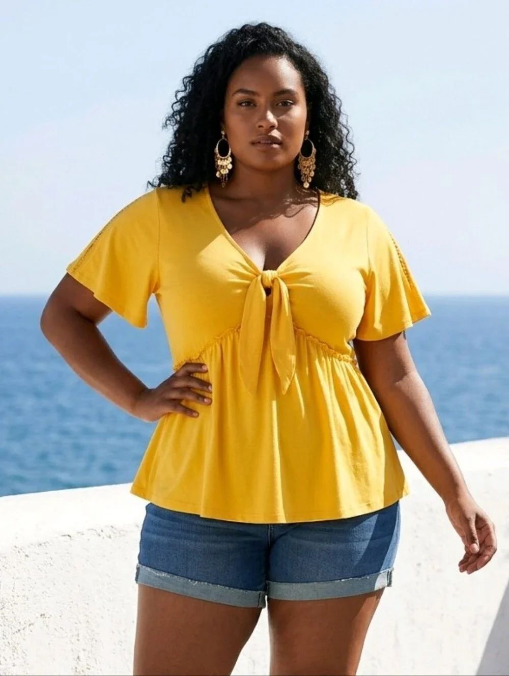 Torrid NWT Yellow Tie-Front Flutter Top Vintage Cotton Jersey V-Neck Relaxed Tee